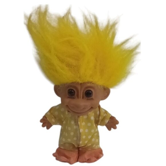 Vintage 1980s Russ Yellow-Haired Troll Doll Duck Wearing Yellow Polkadot Onesey - Picture 1 of 4